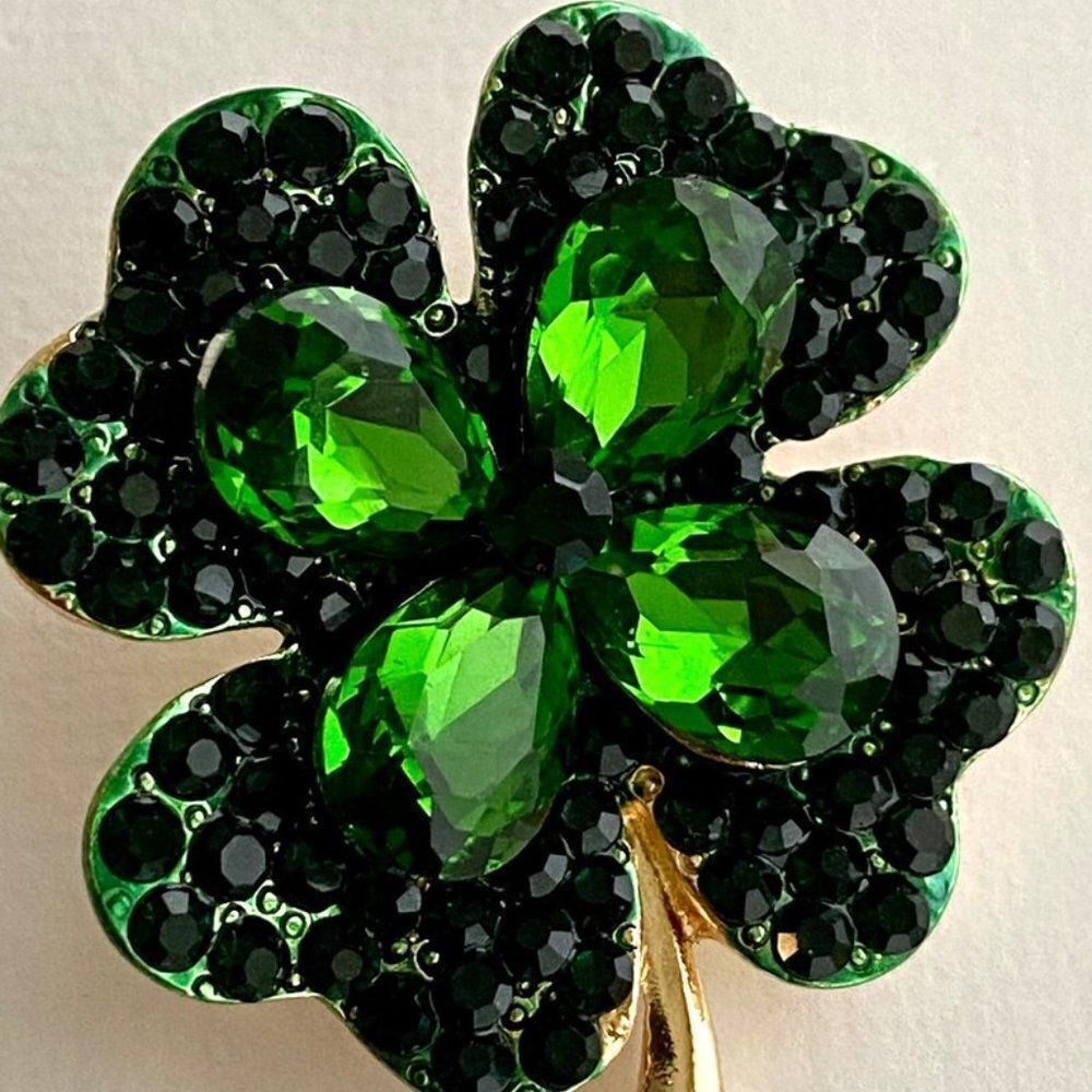 Green Jewelry  Rhinestone Crystal Four Leaf Clover Brooch
